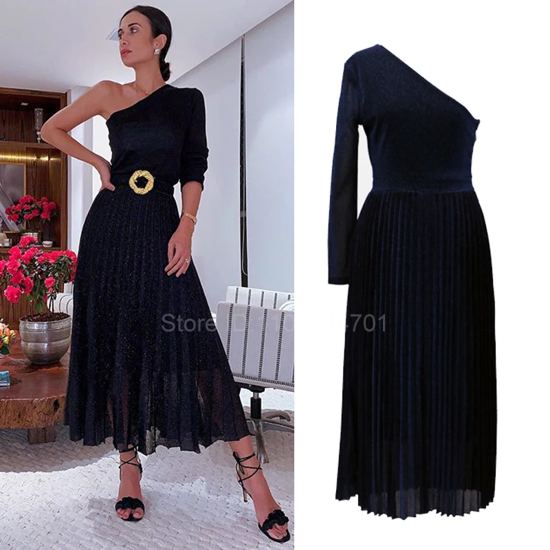 

Casual Diagonal Collar Patchwork Dress Sexy Asymmetric Slim Women Evening Dress Summer Elegant Temperament High Waist Long Dress