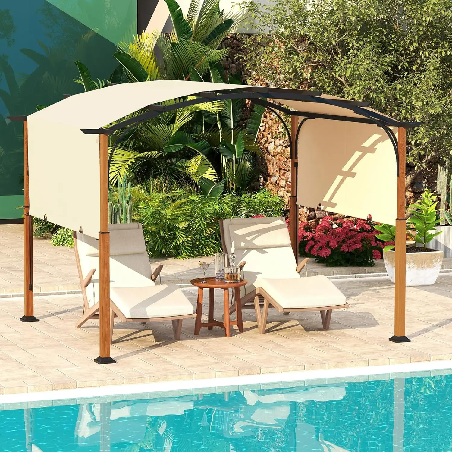 10x12Ft Pergola, Arched Patio Pergola with Retractable Sun Shade Canopy, Extra Large Patio Shelter Pavilion, Outdoor Pergola