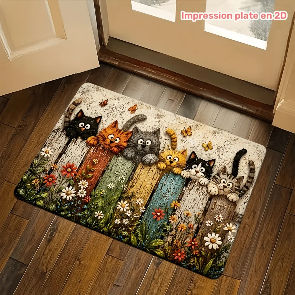 1pc 2D Flat Cute Colorful Kitten On Vintage Wooden Fence Entryway Area Rug, Garden Wildflowers & Grass Print