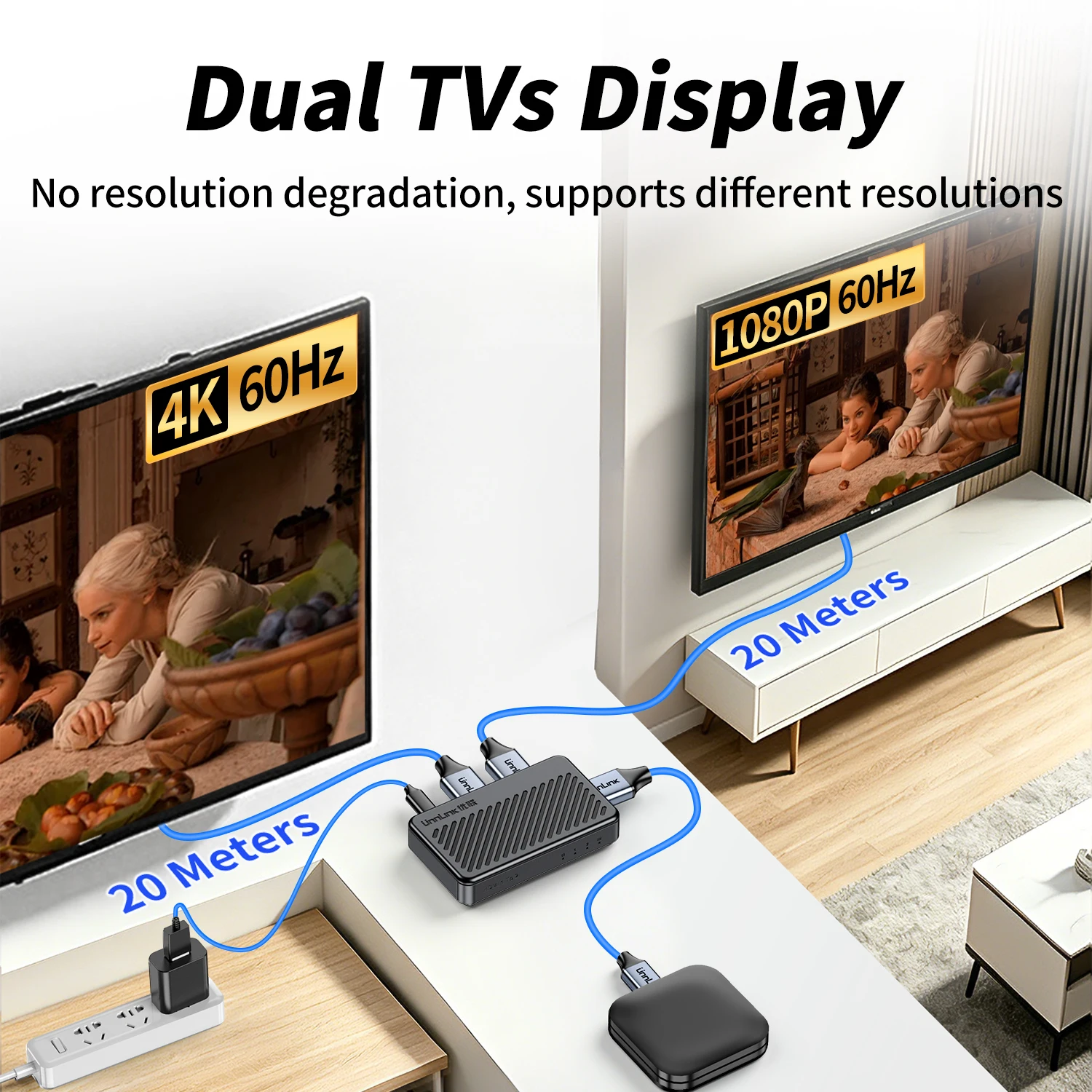 Unnlink UltraHD 4K@60Hz 1x2 HDMI Splitter 1 in 2 Out, 18 Gbps, Support Two TV Display the Different Resolution
