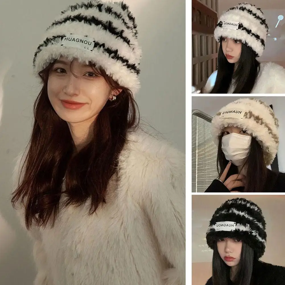 Striped Knitted Beanie Women's Winter Warm Hat with Ear Protection Thick Pom Pom Hat for Cold Weather Winter Plush Hat