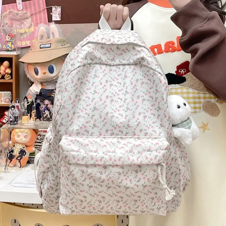 New Cute Floral Print Backpack with Bunny Plush Pendant Lightweight School Bag for Teen Girls Student Travel