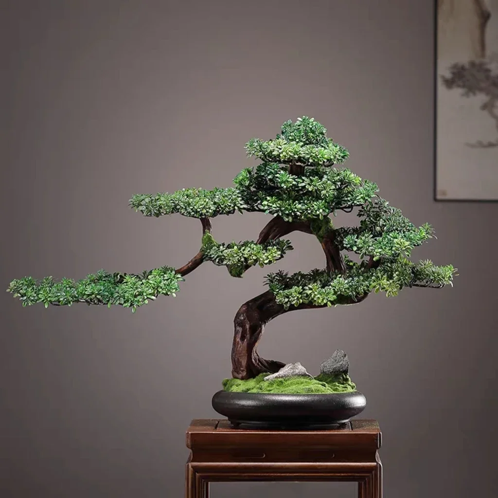 Chinese simulated welcome pine solid wood green plant bonsai living room entrance office desktop decoration ornament