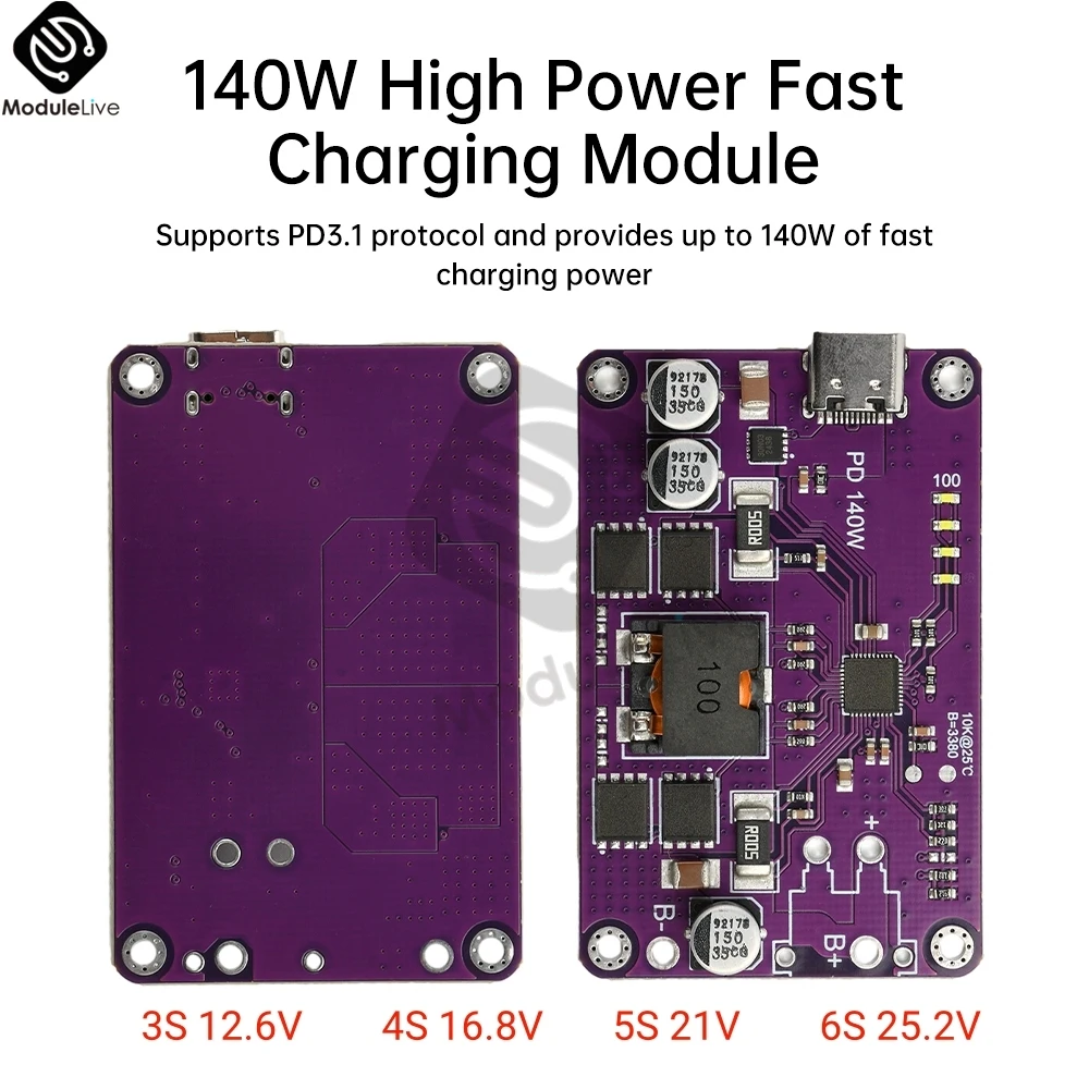 140W Lithium Fast Charging Mobile Power Module  Power Bank Circuit Board 3S 4S 5S 6S 12.6V-25.2V Discharging Module Type-C QC3.0