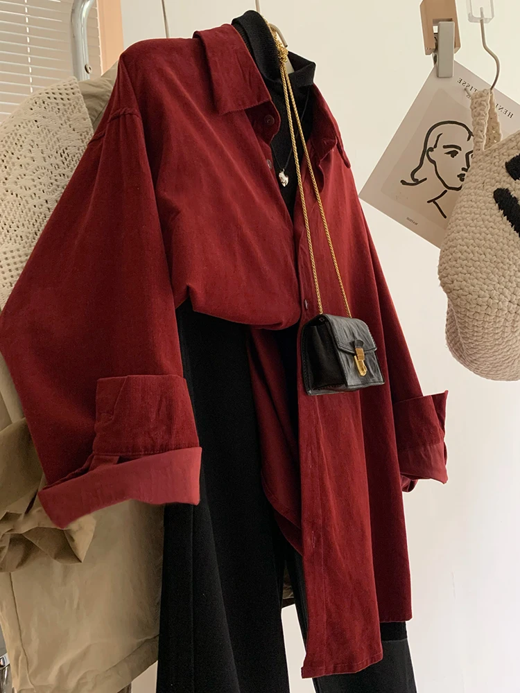 

Red Corduroy irt Women's Faion Autumn Winter Vintage Hong Kong Sle Casual Layering Long Sve Top Brand Bule Europea...