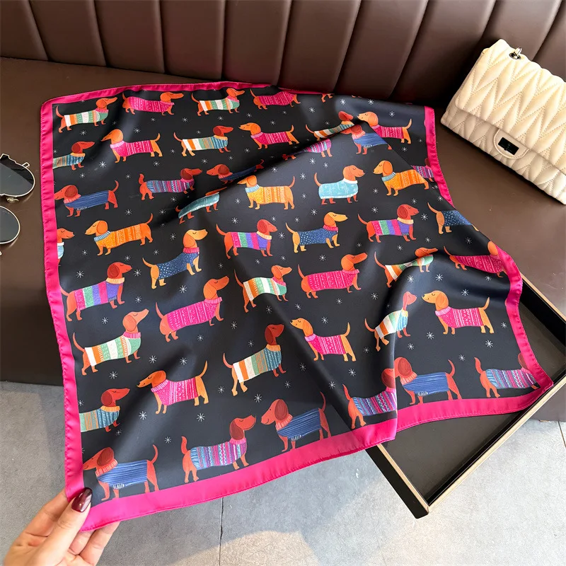 Quadratischer Seidenschal mit süßem Hundemuster für Damen, Hijab, Haarbänder, Halstuch, weiblicher Satin-Schal, Band, Stirnband, modische Wickel, Bandana – Detail 8