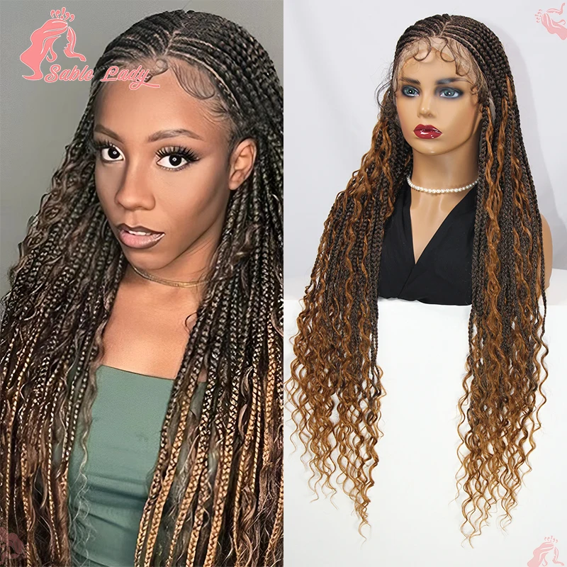 Bohemian Cornrow Braids Lace Wig Synthetic Wig Braid African Lace Front Curly Wigs 32 Inch Boho Box Braided Wigs For Black Women