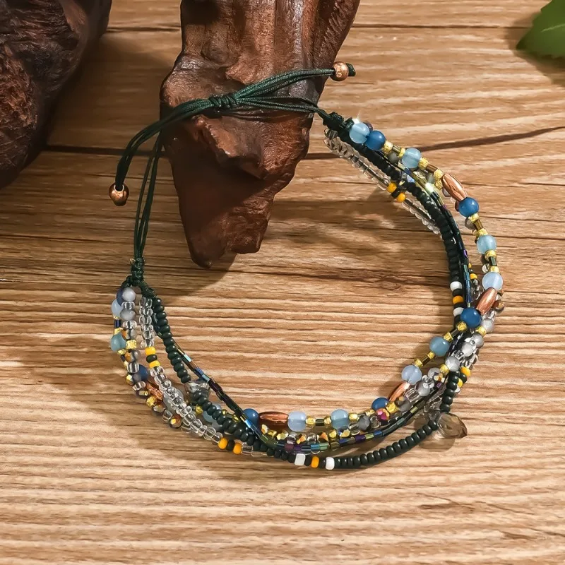 Retro Boho Adjustable Hand-woven Cord Colored Seed Beaded Multi Layer Stack Bracelets for Women Tourist Souvenir Jewelry Gift