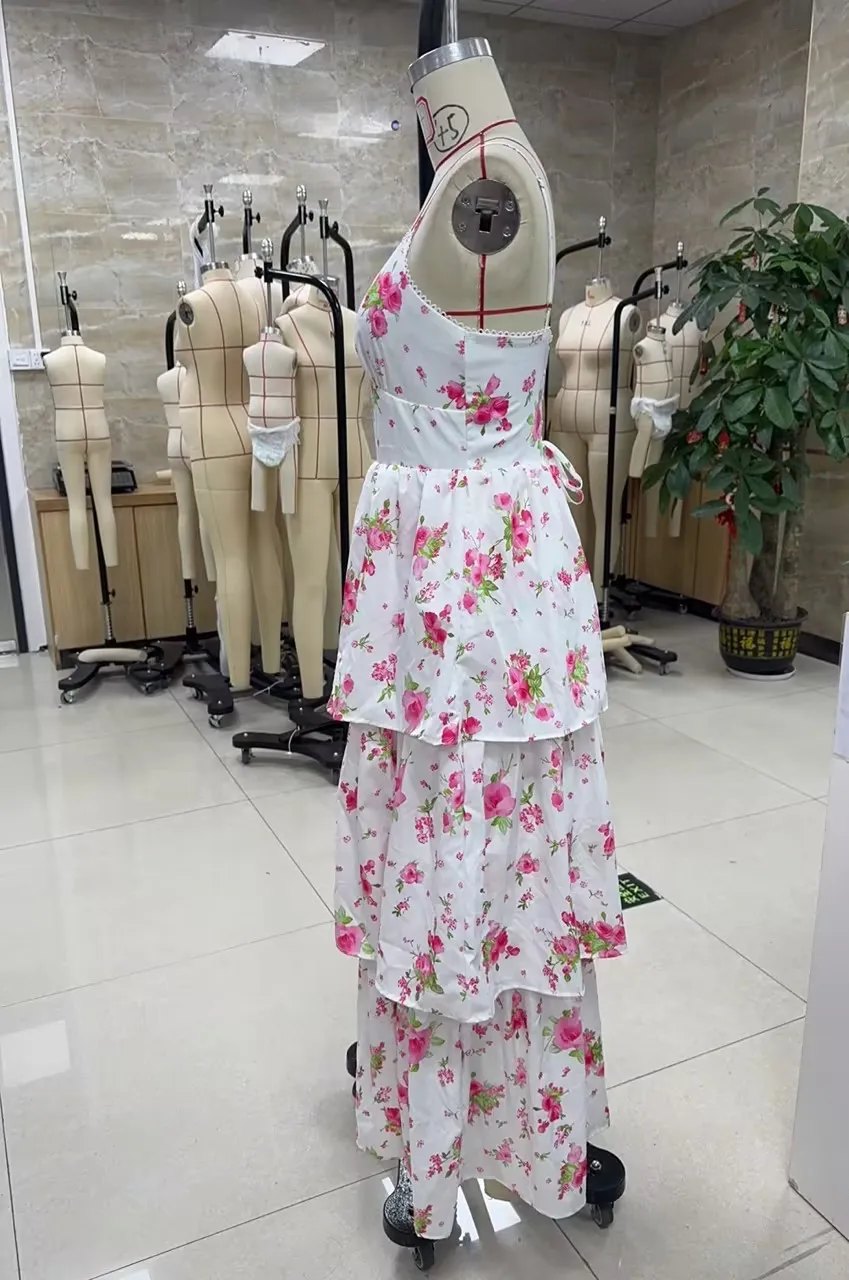 Vestido camisola floral para mujer, cuello en V, tirantes finos, espalda abierta, lazo cruzado, corte en A, vestido largo con volantes en capas divididas
