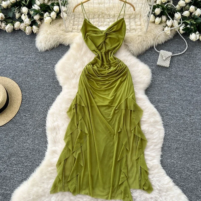 Pop Summer Sexy Strap Mesh Beach Long Dress Fashion Strap Cross Irregular Ruffles Split Sundress Solid Sheer Backless Party Dres