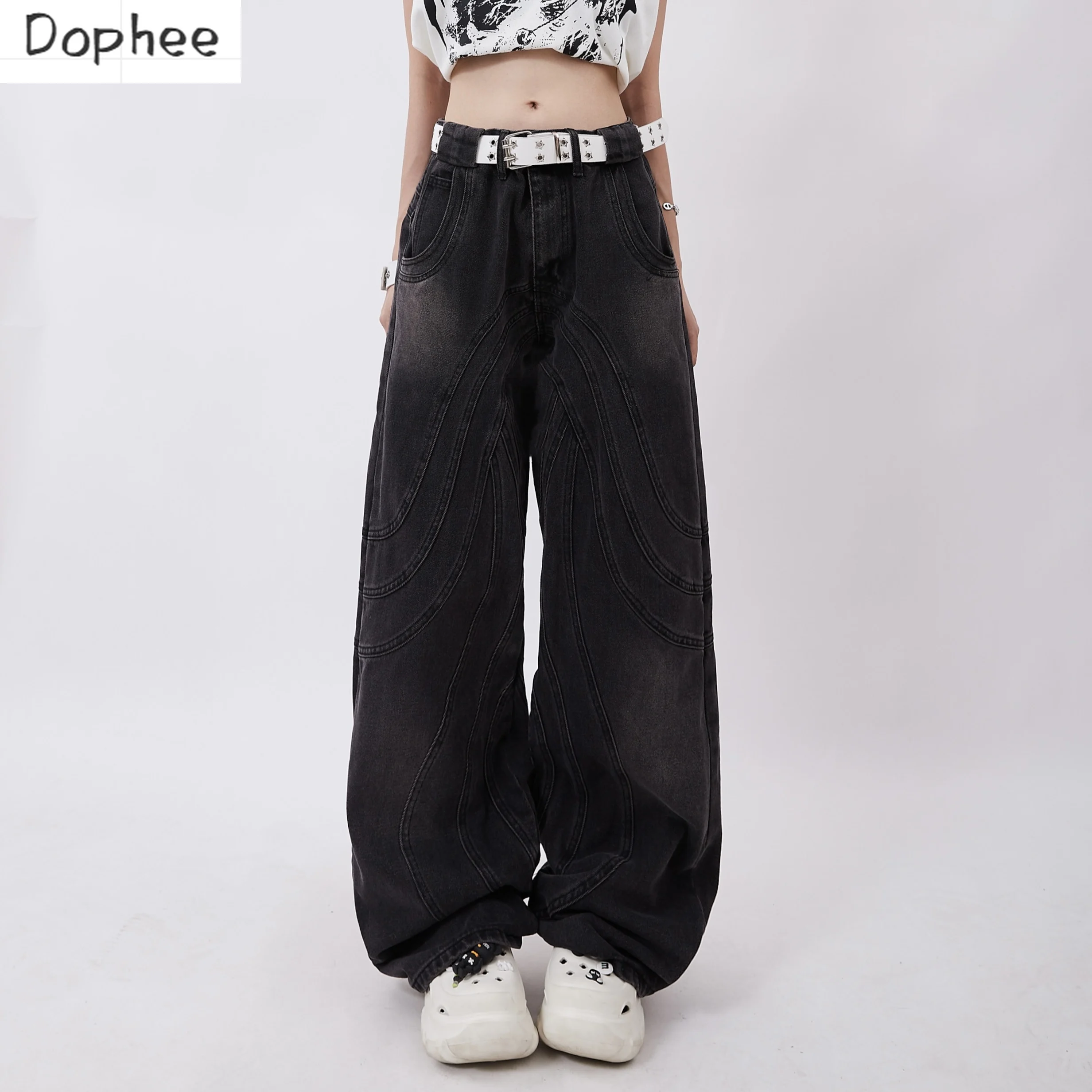 Dophee Fashion Autumn Women's Jeans High Street Cutting Splicing Wide Leg Straight Denim Pants Spice Girls Casual Long Trousers