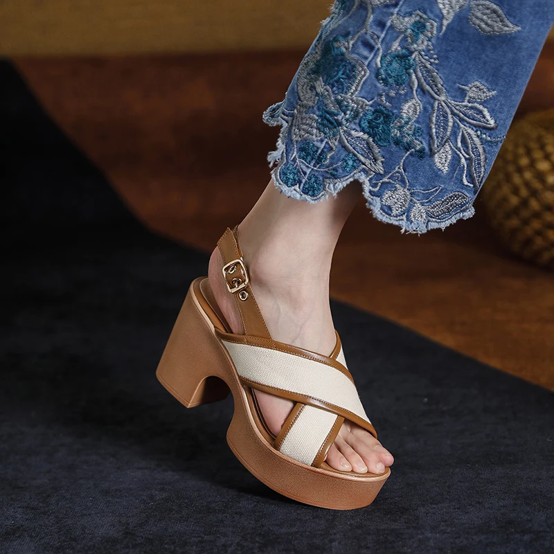 Chunky Heel Summer Sandals Elegant Patchwork Ladies Shoes Japanese Platform Sandals Thick Heel Open Toe Roman Style Pumps