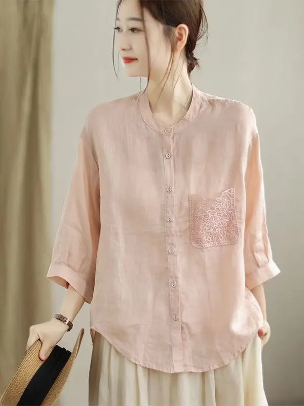 Artistiek Casual Kant Splitsen Dunne irt Grote Maat Dames Zevenkwart Sve Knop Opstaande Kraag Open Vest Lente