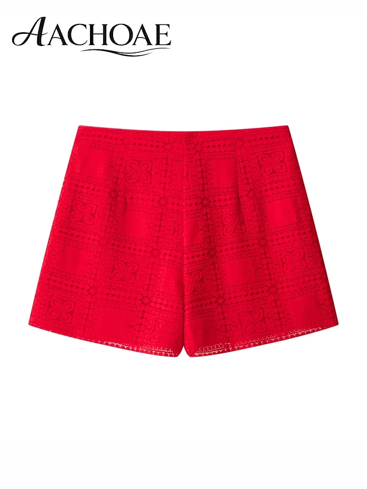 AACHOAE Women Lace High Waist Shorts Embroidered Eyelet Shorts Button Front Tailored Summer Shorts Vacation Resort Bottoms