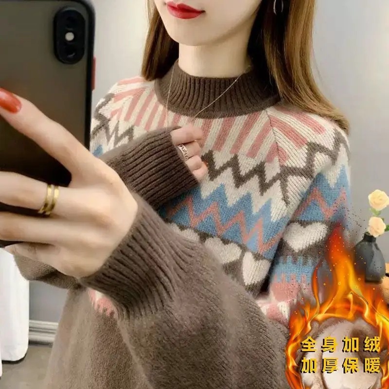 Women Autumn and Winter Fashion New Vintage Half High Collar Jacquard Sweaters Fleece Contrast Casual Warm Long Sleeves Tops