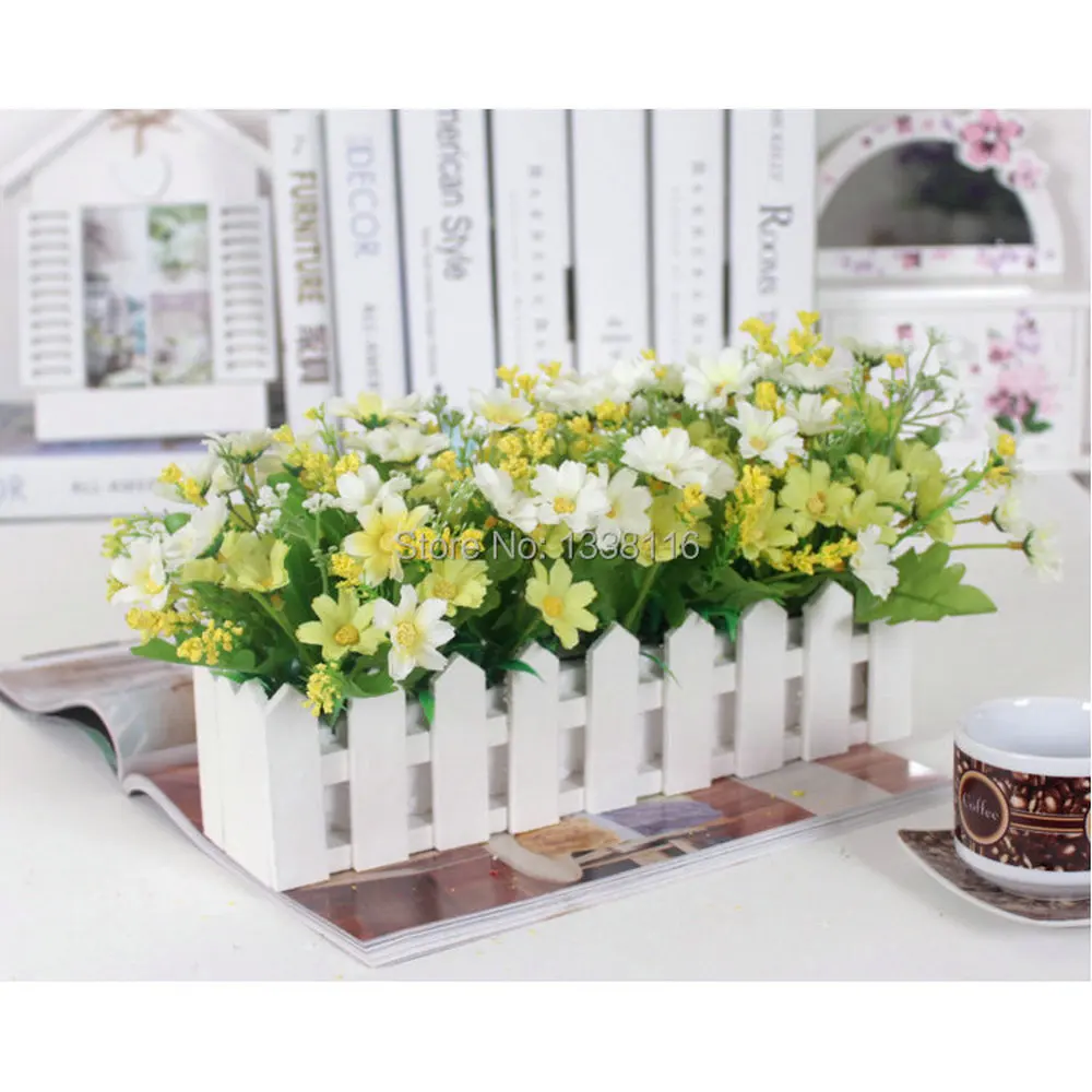 1 Set 30cm Wooden Fence Vase + Flowers Eugene Flower Rose And Daisy Artificial Flower Set Silk Flowers For Home Desk Decoration