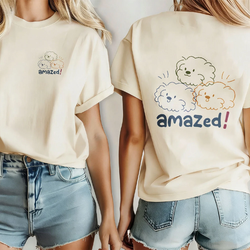 Women Amazed Fluffy Teddy Poodle Dog Outline T Shirt Cute Line Drawing Curly Dog Slogan Cotton Puppy Pet Owner Casual Blouse Top
