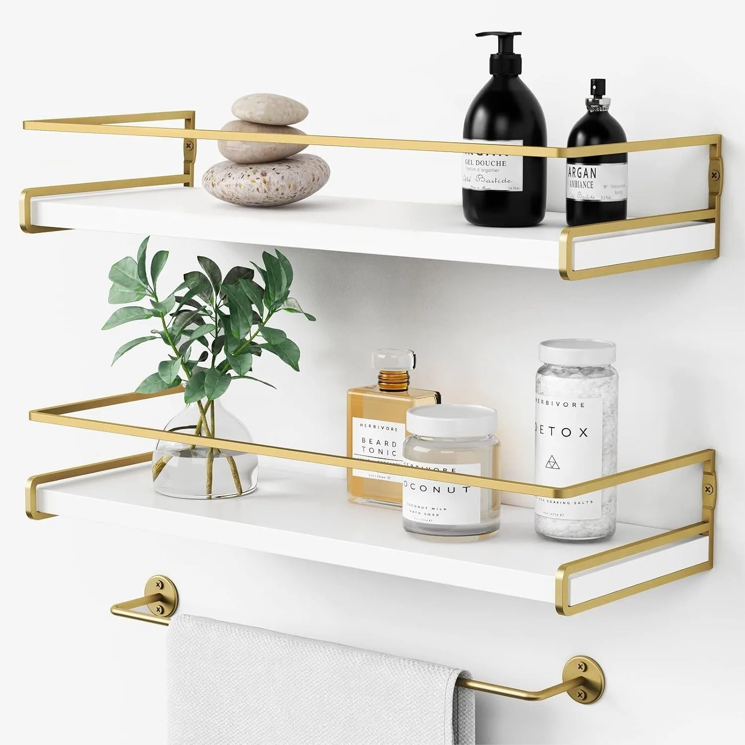 

Floating Bathroom Shelves Wall Mounted, Aesthetic White and Gold Shelves with Towel Bar for Bathroom Accessories and Small