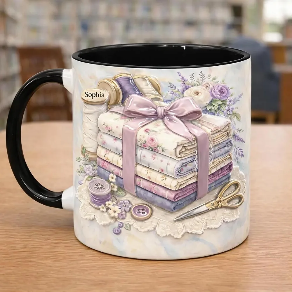 Personalized 11oz Vintage Sewing Floral Ceramic Mug Pink Handle Pink Interior Fabric Ribbon Scissors Lace Rose Pattern for Sewin
