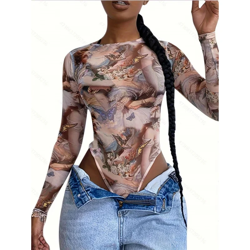 Europese en Amerikaanse dames herfst- en wintertemperamenttop vlinderprint jumpsuit met ronde hals en lange mouwen