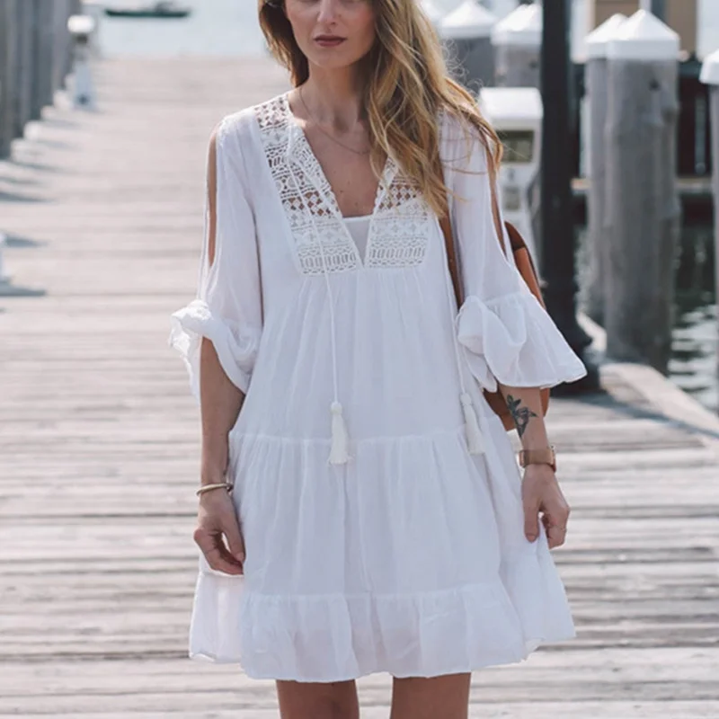 Verão sexy curto vestidos de renda banho feminino maiô praia bikini cover ups casual solto protetor solar vestido babado
