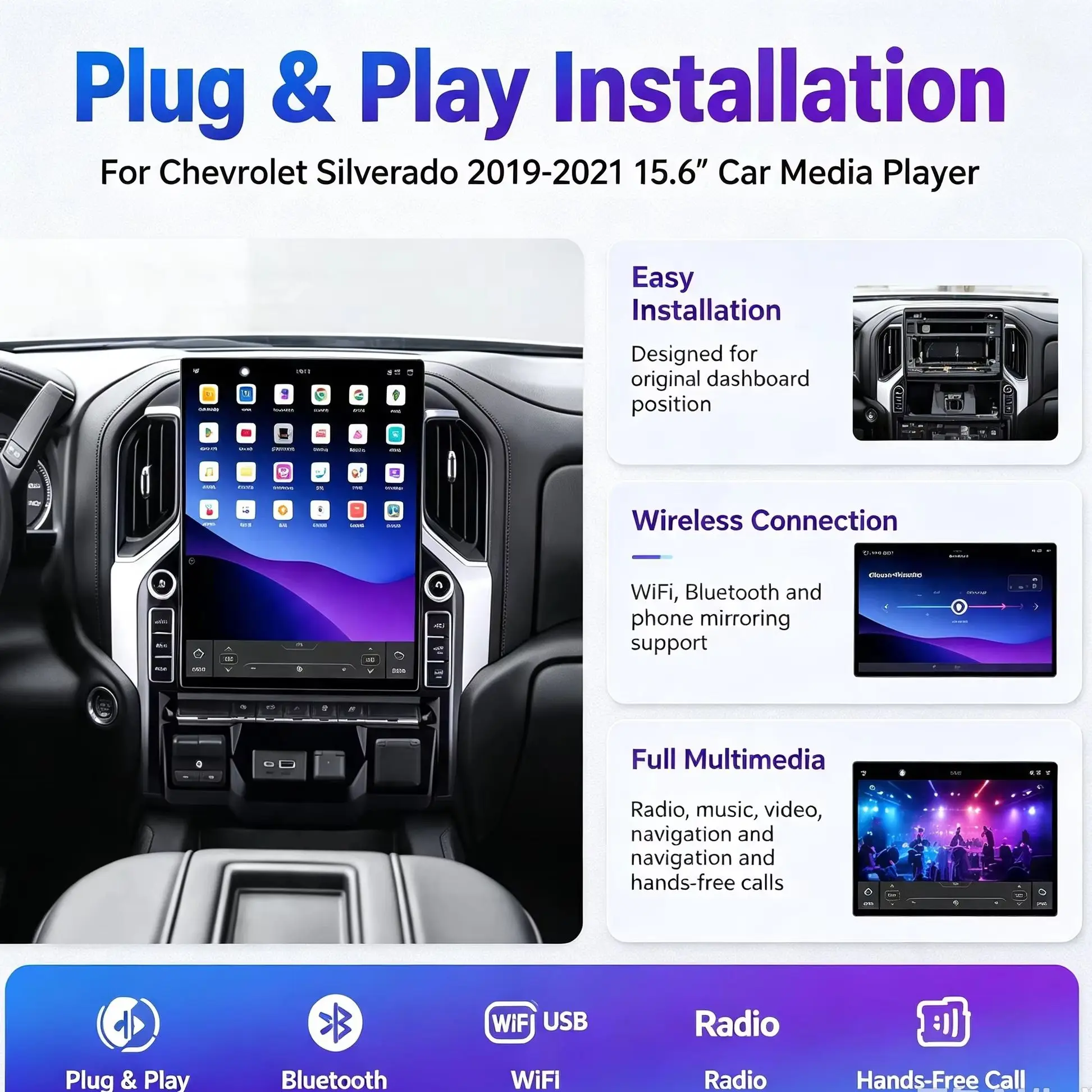 Android 13 System Wireless CarPlay 15.6 Inch Touch Screen Car Media For Chevrolet Silverado 2019-2021 GPS Navigation Car Radio