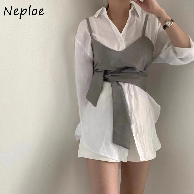 Neploe 2024 Spring New All-match Lace Up Camisole Vest+ Lapel Neck Long Sleeve White Shirts Women Y2k Simple Two Piece Sets