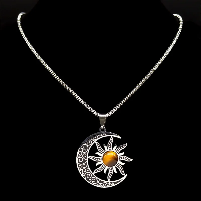 Witch Moon Sun Necklace for Women Men Stainless Steel Stone Occult Luna Crescent Wicca Chain Jewelry collares acero inoxidable