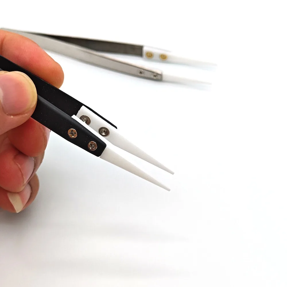 ESD Stainless Steel Ceramic Tip Tweezers Antimagnetic High Temperature Resistant Non-Conductive Tip Hand Tool Watch Repair