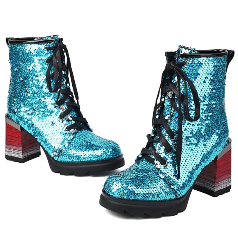 Luxury Ankle Boots for Women Spring Shoes Sequined Blue Pink Short Boot Heels Footwear Party Footwear Shoes Ladies Large Size 44