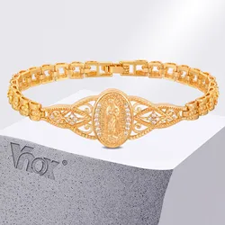 Vnox Catholic Bracelet for Women,14k Gold Plated Bracelet,Dainty Cubic Zirconia Religious Baptism Virgin Mary Bracelets Gifts