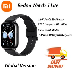 Глобальная версия Xiaomi Redmi Watch 5 Lite Bluetooth Телефонный звонок 1,96-дюймовый дисплей 150+ режимов фитнеса 5ATM Водонепроницаемые умные часы Mi