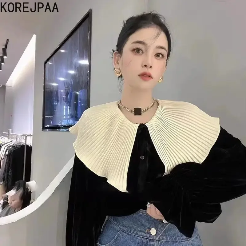 Korejpaa French Fashion Pleated Turn-down Collar Camisas De Mujer 2023 Autumn Ruffed Sleeve Velvet Black Shirts Slim Solid Tops