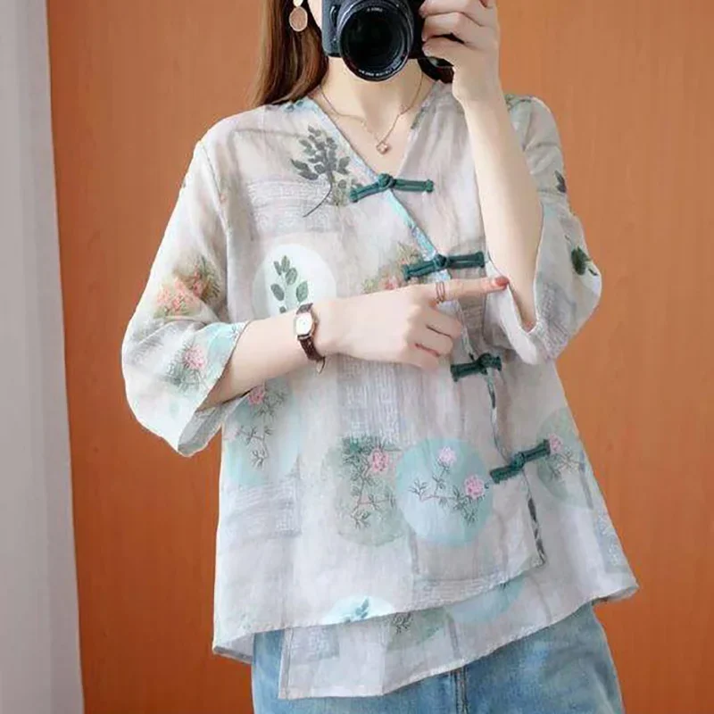 New Summer Traditional Chinese Top Chinese Flower Print Hanfu Clothes Oriental Clothing Traditional Chinese Blouse For Women