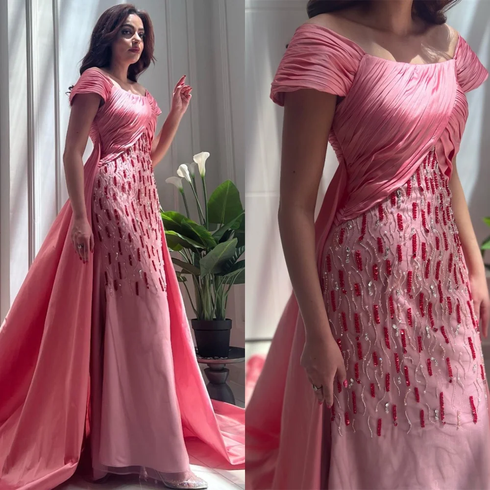 

Customized Sparkly Pink Satin Evening Dresses Exquisite Off the Shoulder Homecoming Dresses Charming Special Occasion Gowns