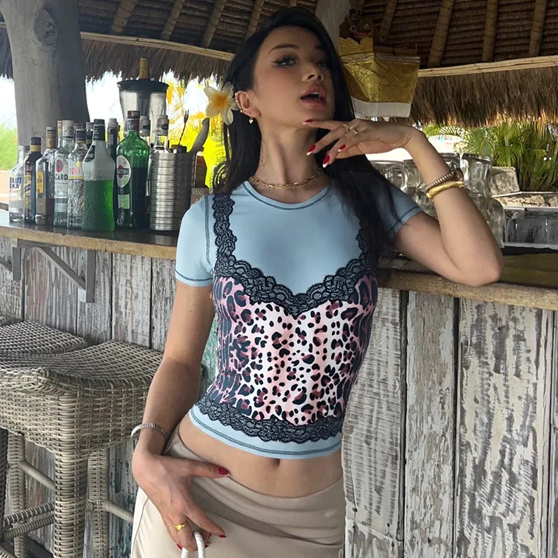 

Female Fake 2pc Design Tops Shirts Tees Lady Y2K Trendy Leopard Sexy Hotsweet Streetwear Crop Tops Tees Women Gothic Punk Tees