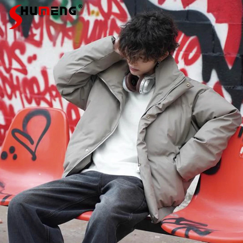 

Men Women 2025 Winter New Stand Collar Fleece Lined Thickened Warm Parkas Couple Jackets American Style PU Leather Short Parkas