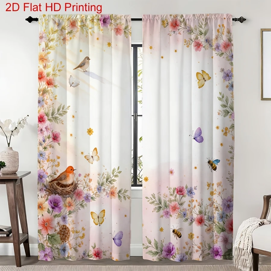 2PCS Digital Print  Curtain, Baby Bird Flowers, Bohemian Style  Curtain Panel for Home Living Room Bedroom Decor