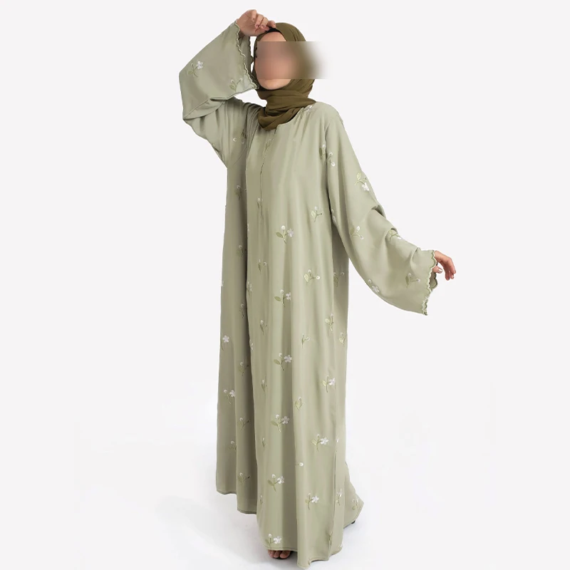 

Modest Turkey Elegant Abaya High Quality Embroidery Floral Dress Front Zipper Long Maxi Dresses Robe for Women