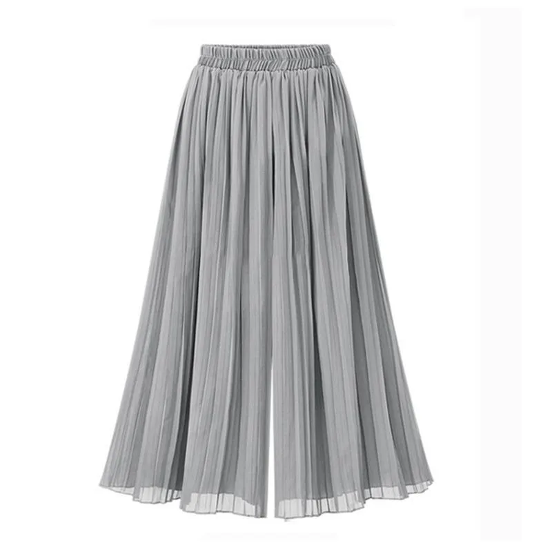 New 2023 Ankle-Length Chiffon Pleated Culotte Pants Casual Elastic High Waist Wide Leg Pantalones Baggy Womens Elegant Trousers