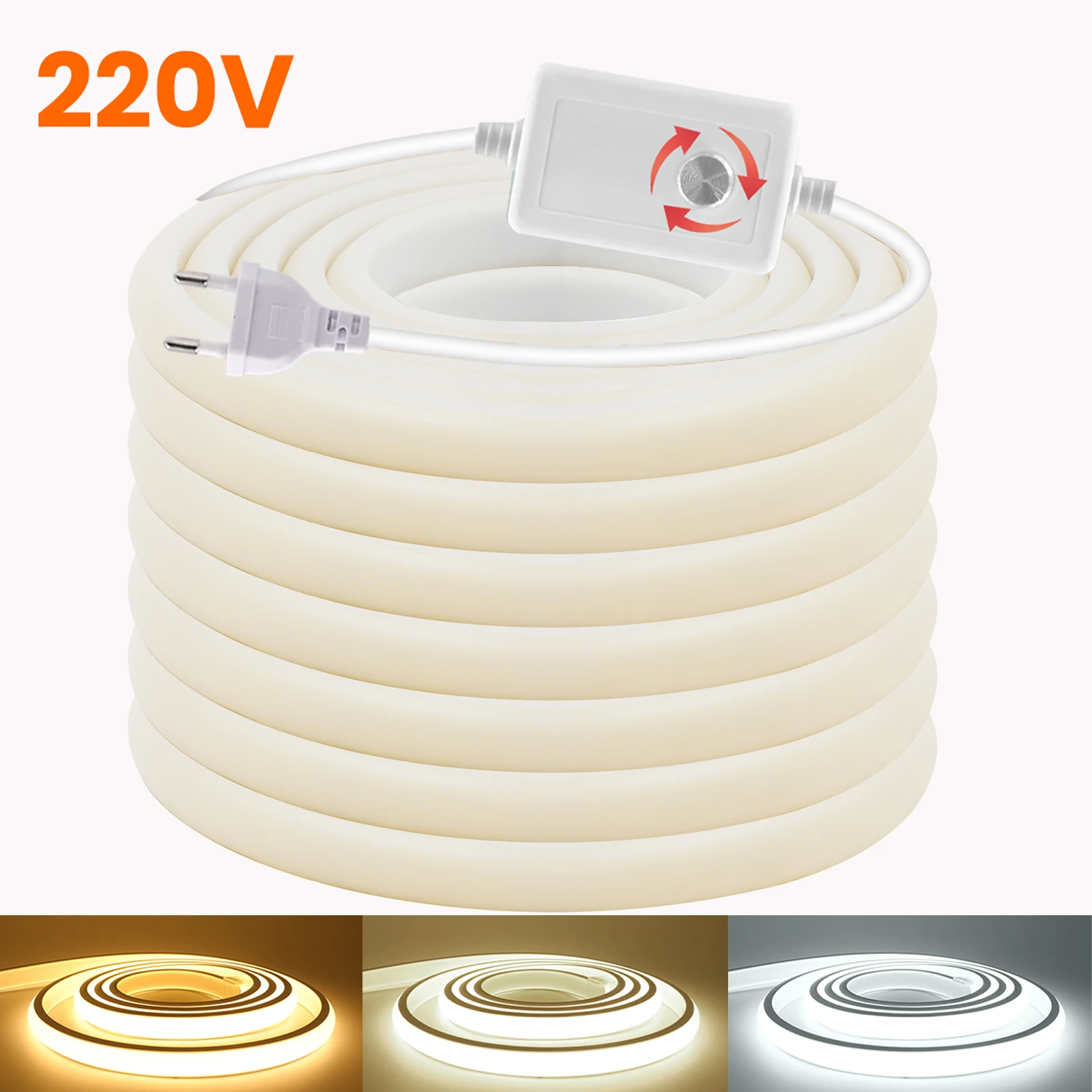 

Светодиодная неоновая лента COB 220В с диммером, комплект питания EU, 288 светодиодов, IP67 водонепроницаемая, теплый/нейтральный белый свет, гибкая лампа