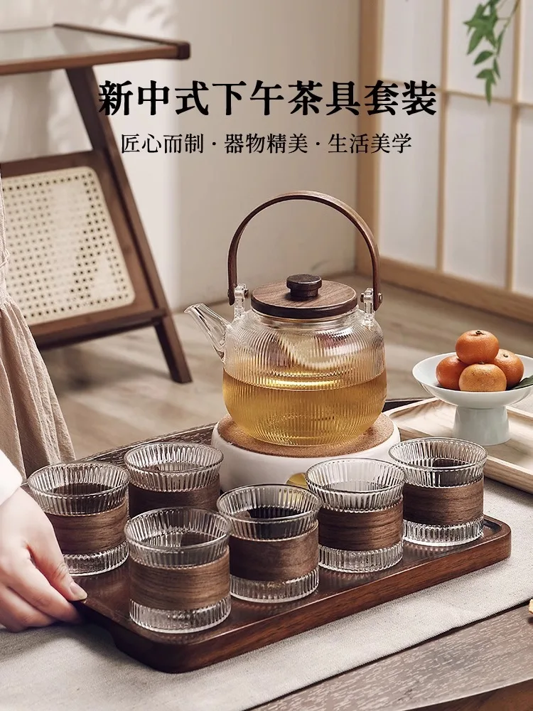 Chinese Style Glass Flower Tea Pot Tea Cup Set Afternoon Tea Set Candle Heating Health Pot Brewing Tea Pot