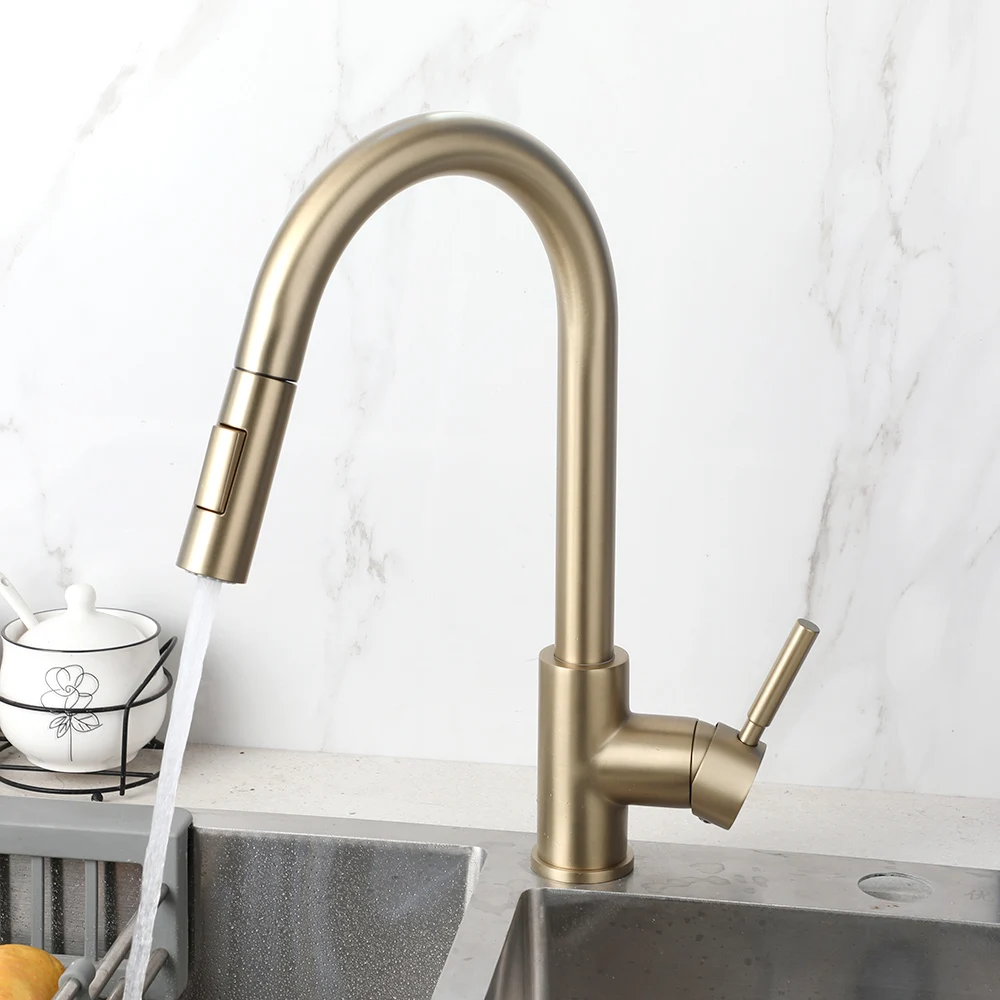 KEMAIDI Brushed Gold Kitchen Faucet with Pull Down Sprayer High Arc Faucets Stainless Steel Kitchen Sink Faucet Mixer Tap