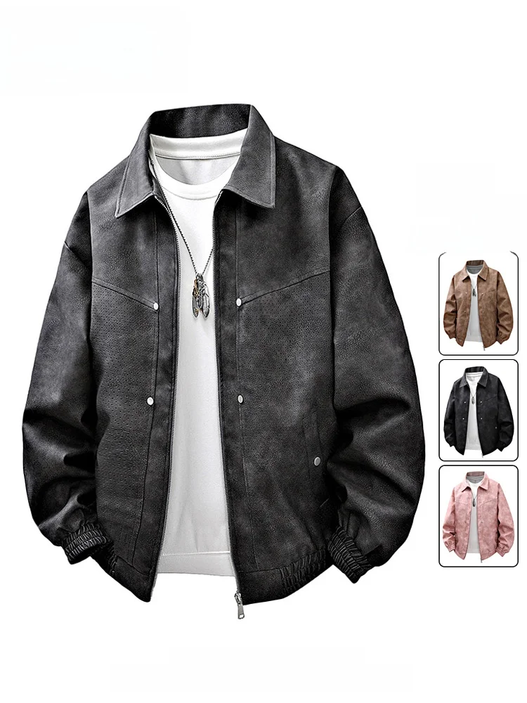 

plus Size Men's Jaet Loose Fit Retro Sle Zipper Decorated PU Leather Coat Spring Autumn Winter Casual Faion Outerwear