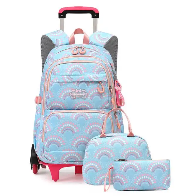 2026 Girls Rolling Backpack Lunch Bag Pen bag School Trolley Bag Set 3 in 1 School Wheeled Bags With Lunch Bag Pen Bag For Girls