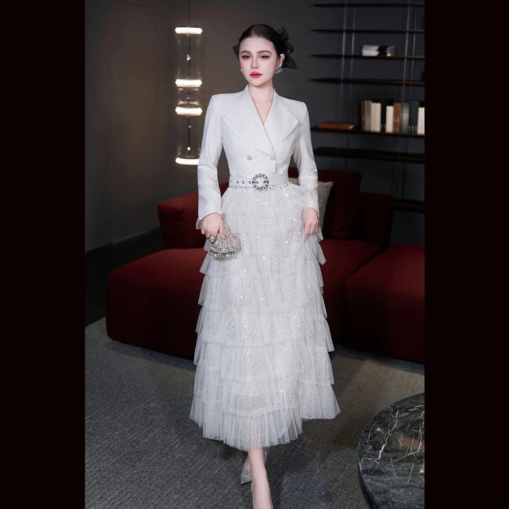 Meyyithun vestido feminino elegante retalhos lantejoulas vestidos lapela manga longa cintura alta emendado em camadas malha festa bolo vestido mx