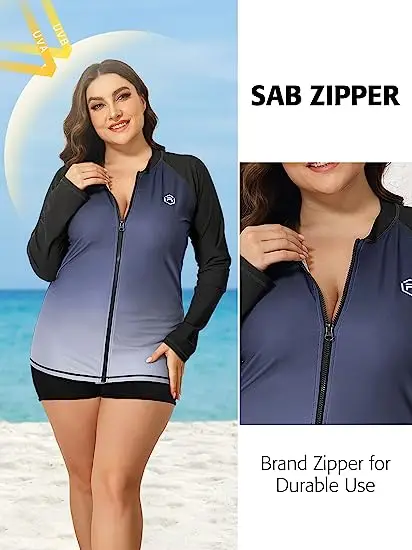 Charmleaks Vrouwen Plus Size Rash Guard Upf 50 Ronde Hals Lange Mouwen Rits Gradiënten Kleur Snel Droog Zacht Zwemmen Surfen Tops