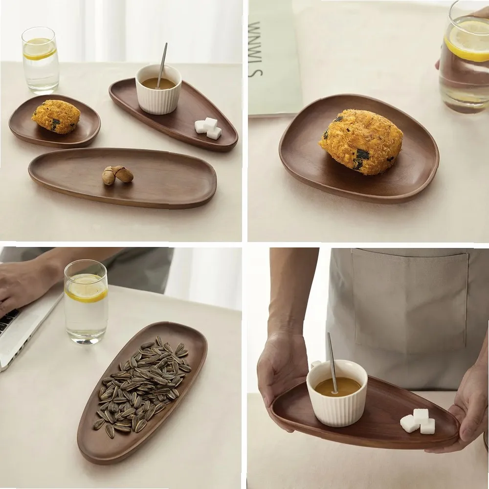 

HeMu Japanese Style Walnut Wood Plates - Irregular Oval Wood Serving Trays, Decorative Dishes for Tea, Dessert & Home Decor