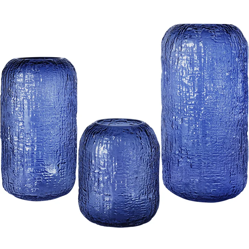 Blue Glass Vase Living Room Hydroponics Large Diameter Flower Ware Countertop TV Cabinet Sales Office Model Room Ornament