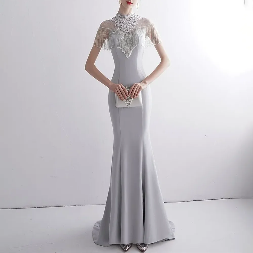 

Grey Satin Luxury Evening Dresses Formal Party Prom Gowns Appliques Lace Trumpet Classic Evening Prom Dresses Customized 2025